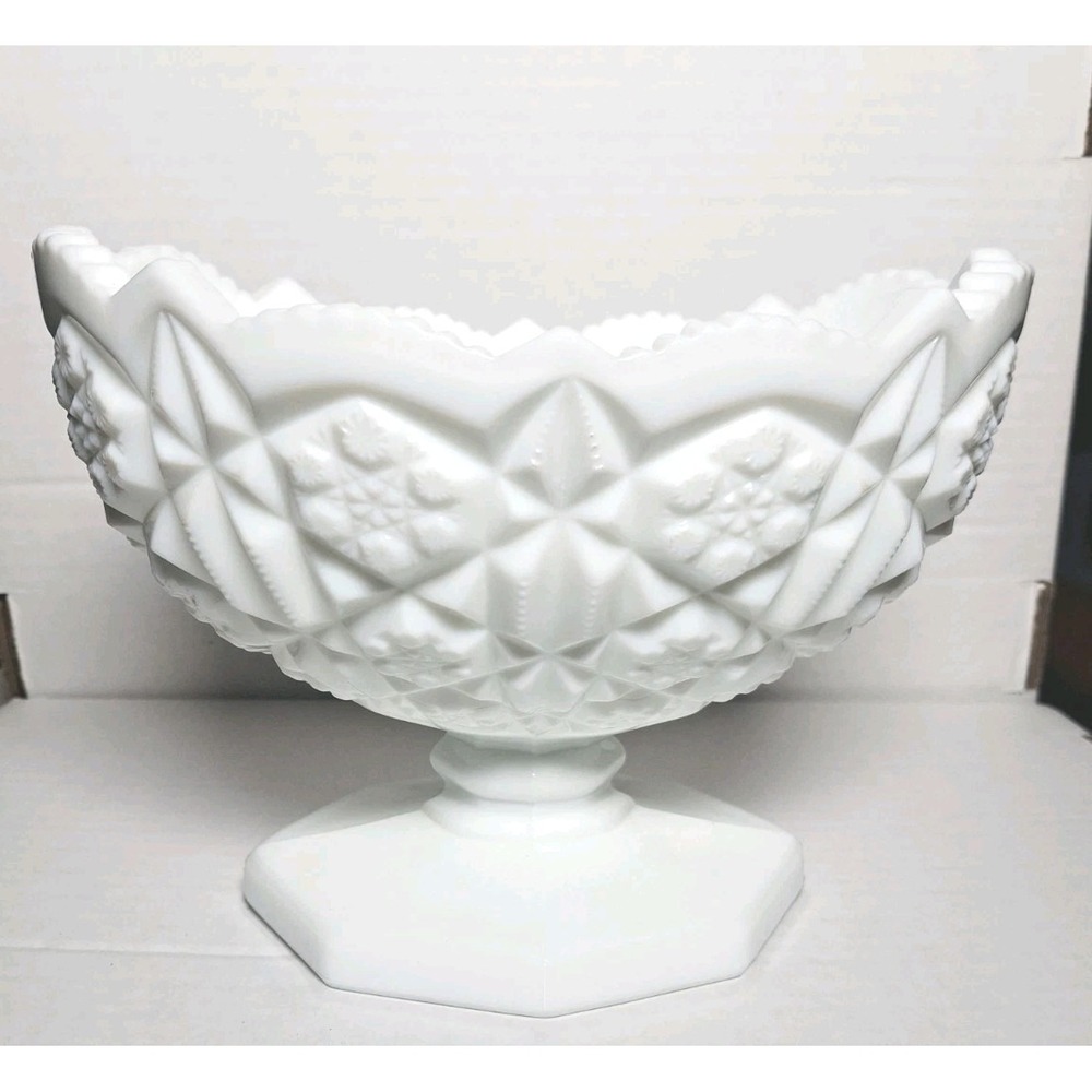 White Milk Glass Starburst Compote Pedestal Bowl, Octagon Shape Decorative